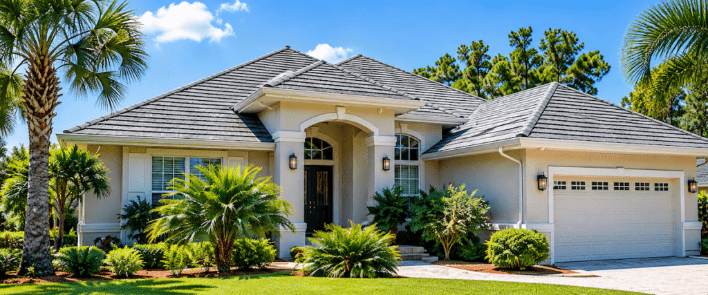 Single-story Florida home with a gray tile roof, palm trees, and tropical landscaping